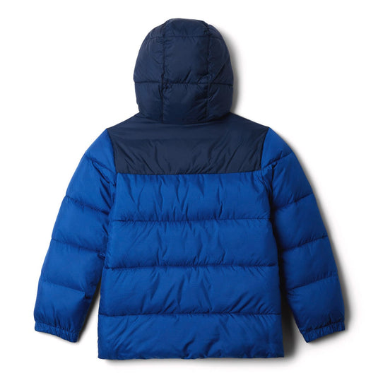 Blue puffer jacket with a hood on a white background