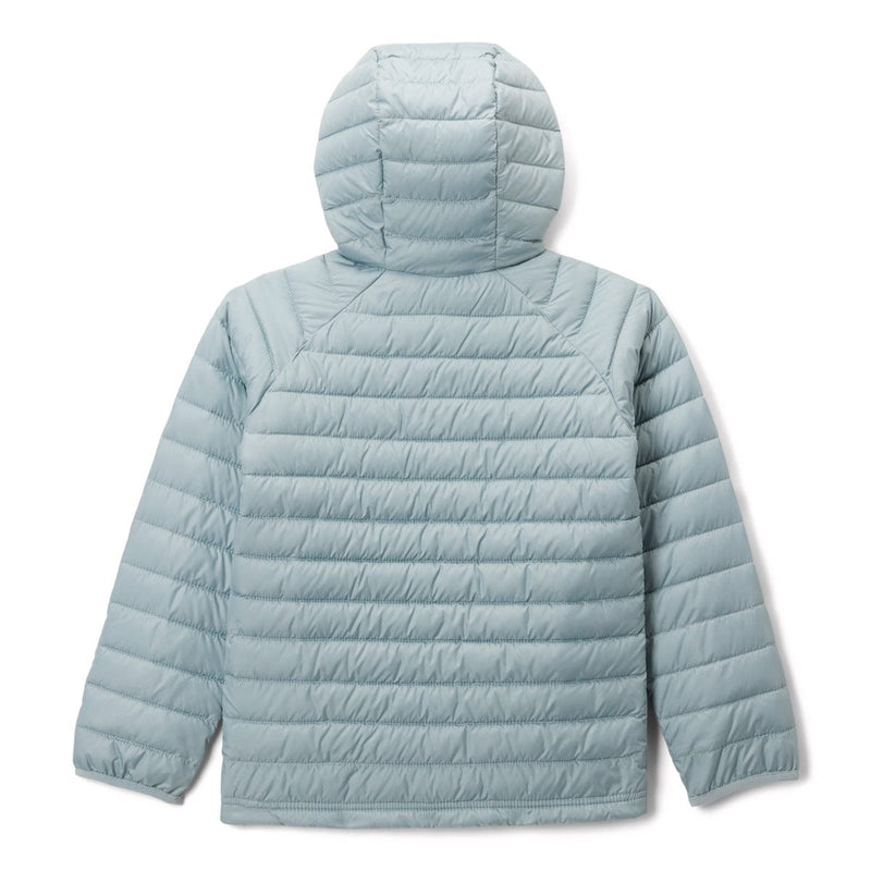Load image into Gallery viewer, Light blue puffer jacket with a hood on a white background
