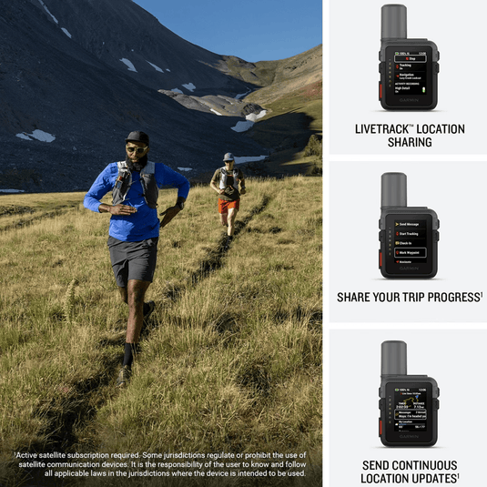 A promotional collage for a Livetrack location-sharing device. The left side shows two trail runners in a mountain meadow, while the right side shows three small product photos of the black handheld device with text labels: 'LIVETRACK LOCATION SHARING,' 'SHARE YOUR TRIP PROGRESS,' and 'SEND CONTINUOUS LOCATION UPDATES.