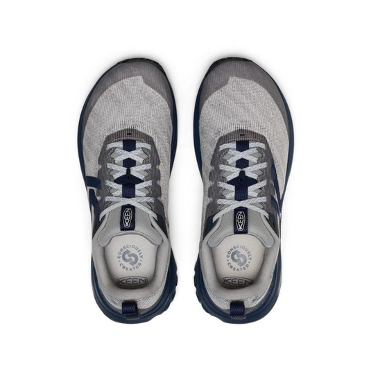 Pair of gray and navy Keen shoes on a white background