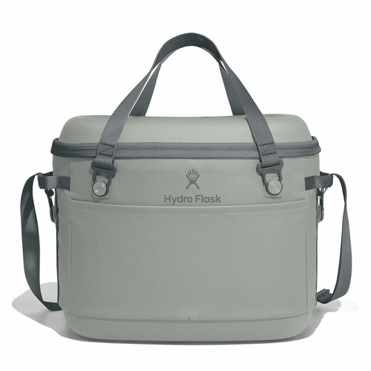 Gray cooler bag with shoulder straps on a white background, featuring the Hydro Flask logo.