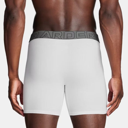 White boxer briefs with a gray brand waistband on a plain background