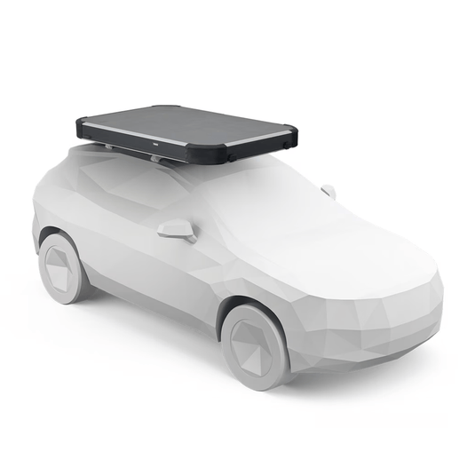 White car model with a black roof box on a white background