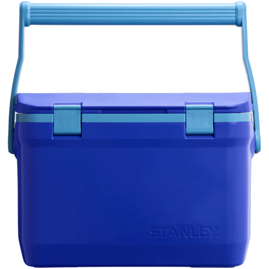 Blue cooler box with a handle on a white background