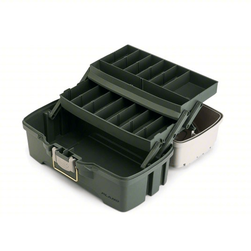 Load image into Gallery viewer, Green fishing tackle box with compartments on a white background
