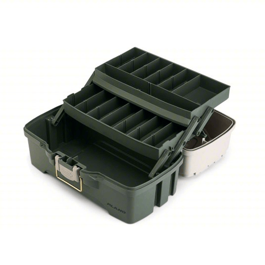 Green fishing tackle box with compartments on a white background