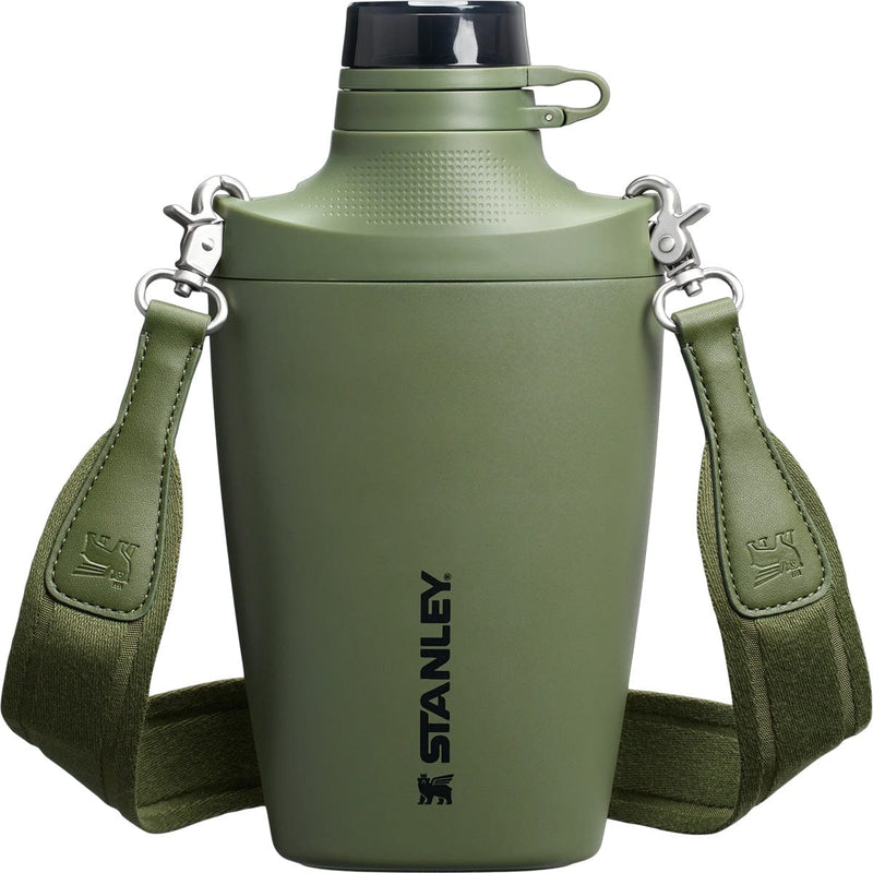 Load image into Gallery viewer, Green Stanley water bottle with a strap on a white background
