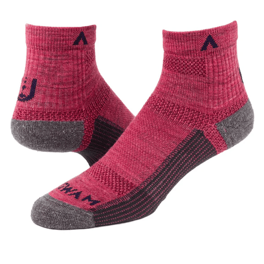 Pair of red socks with gray toes and heels on a white background