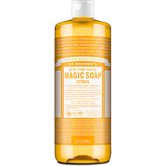 Dr. Bronner's Magic Soap Citrus bottle on a white background