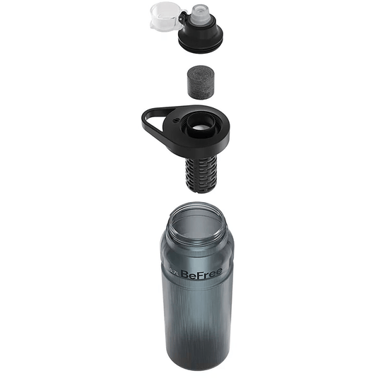Gray water bottle with multiple components on a white background