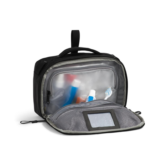 Gray toiletry bag with clear compartment on a white background
