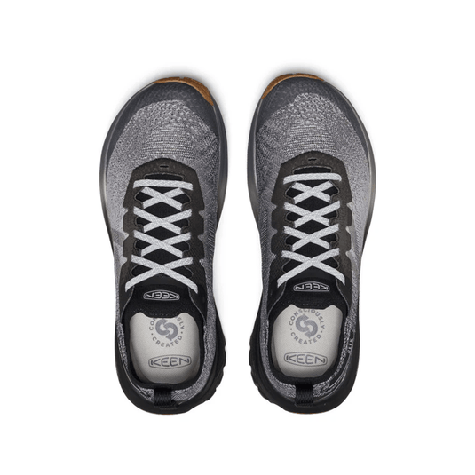 Pair of gray and black Keen shoes on a white background