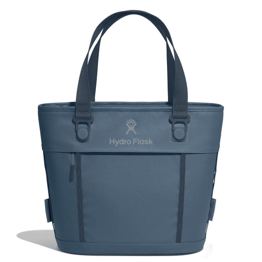Blue tote bag with Hydro Flask logo on a white background