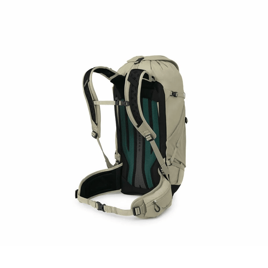 Beige backpack with green interior on a white background