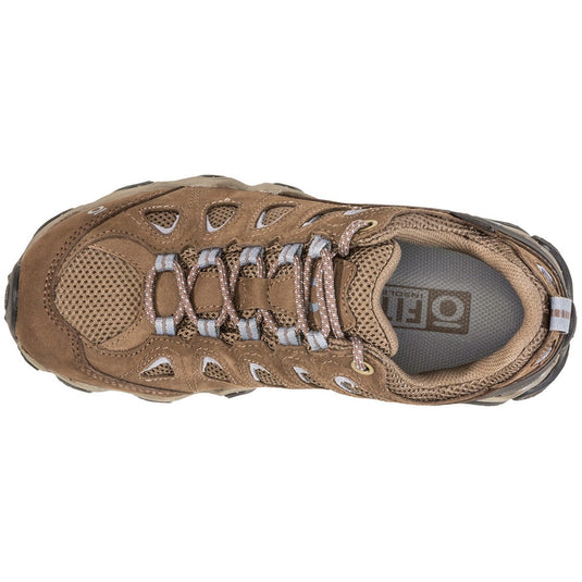 Brown hiking shoe with lace-up design on a white background