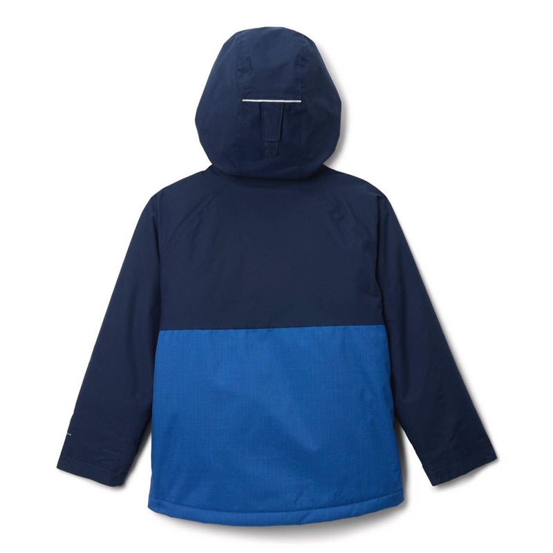 Load image into Gallery viewer, Blue and navy jacket with a hood on a white background
