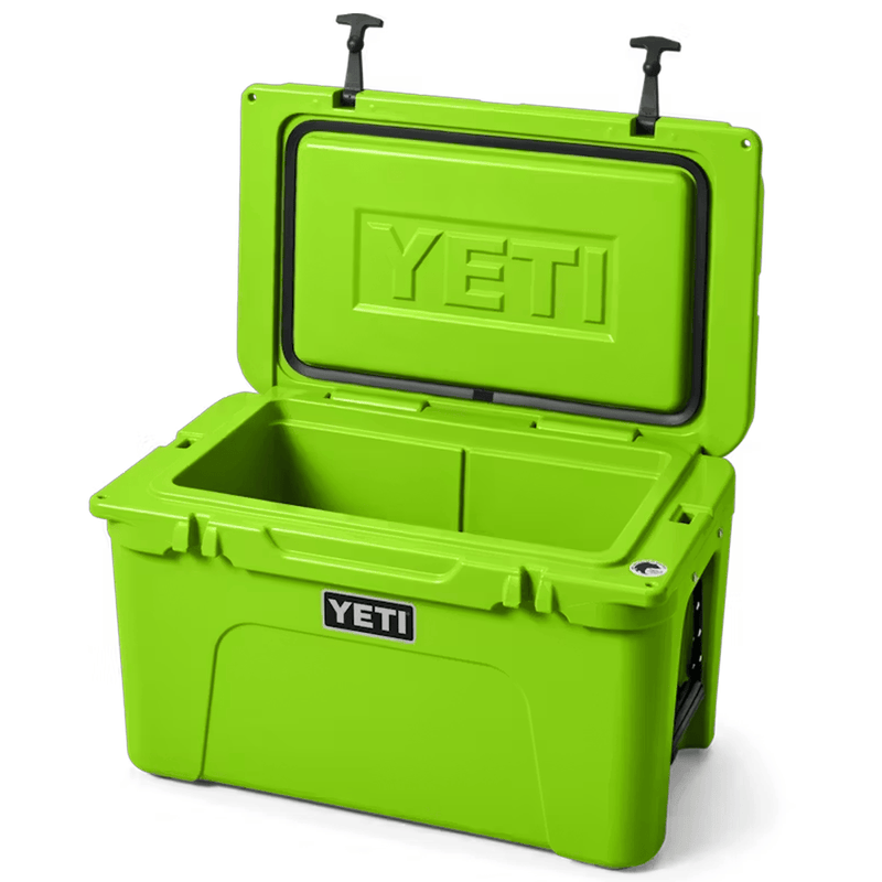 Load image into Gallery viewer, Green YETI cooler with open lid on a white background
