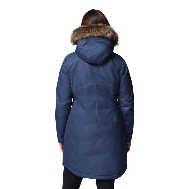 Load image into Gallery viewer, Blue winter coat with fur hood on a white background
