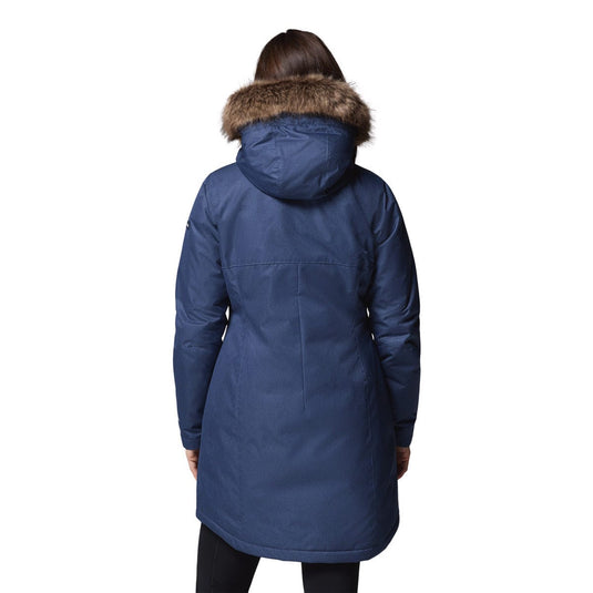 Blue winter coat with fur hood on a white background