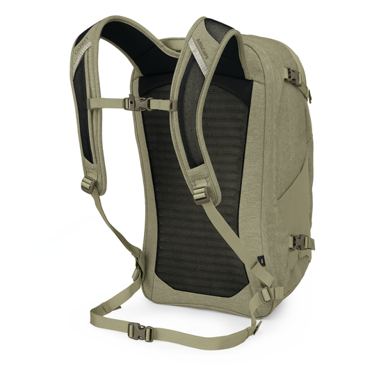 Green backpack with black accents on a white background