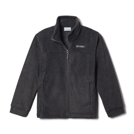 Dark gray fleece jacket with Columbia logo on a white background