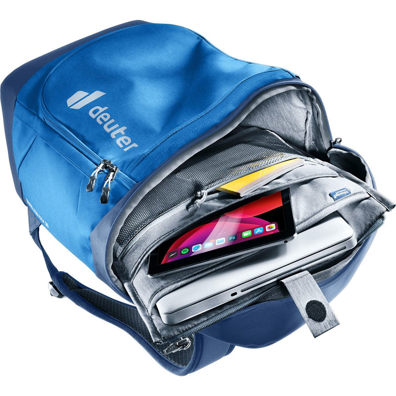 Load image into Gallery viewer, Blue backpack with a laptop and tablet inside, featuring the Deuter brand.
