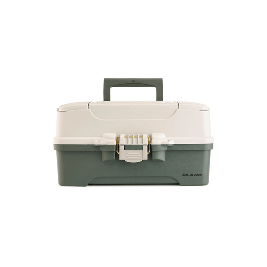 Gray and beige tackle box with handle on a white background