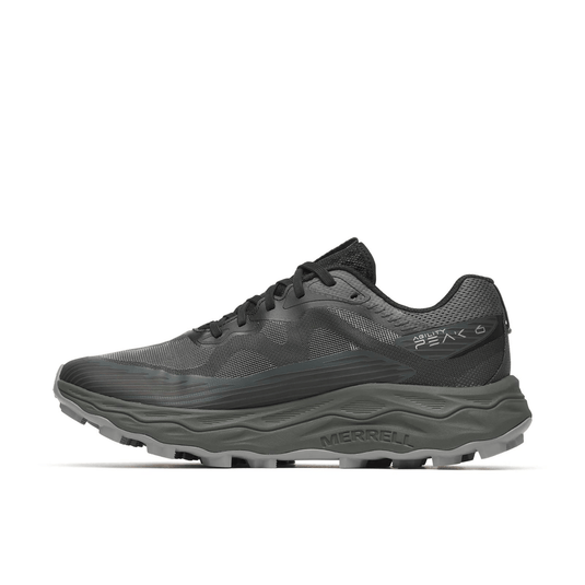 Gray running shoe with brand logo on a light gray background