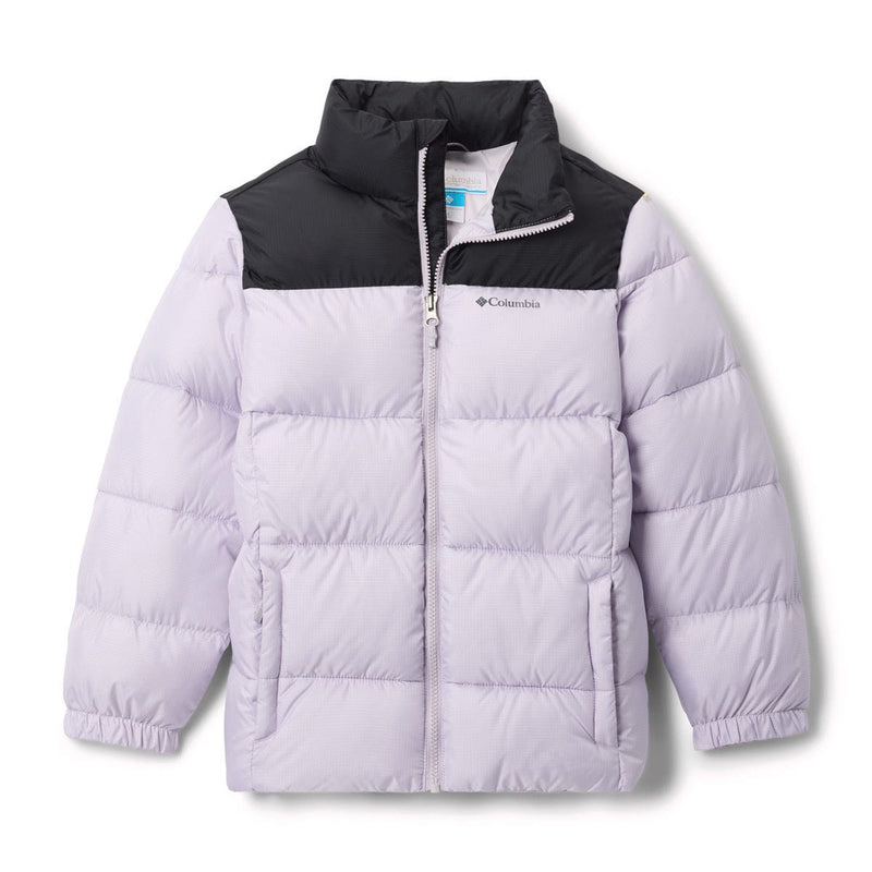 Load image into Gallery viewer, Light purple puffer jacket with black collar on a white background
