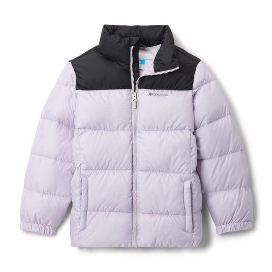 Light purple puffer jacket with black collar on a white background