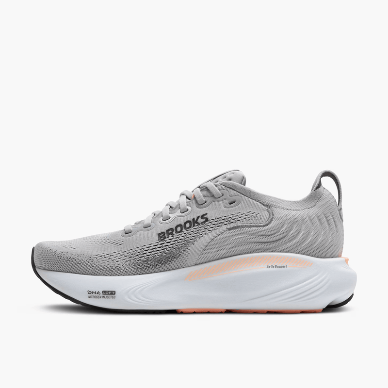 Load image into Gallery viewer, Gray running shoe with 'Brooks' branding on a white background
