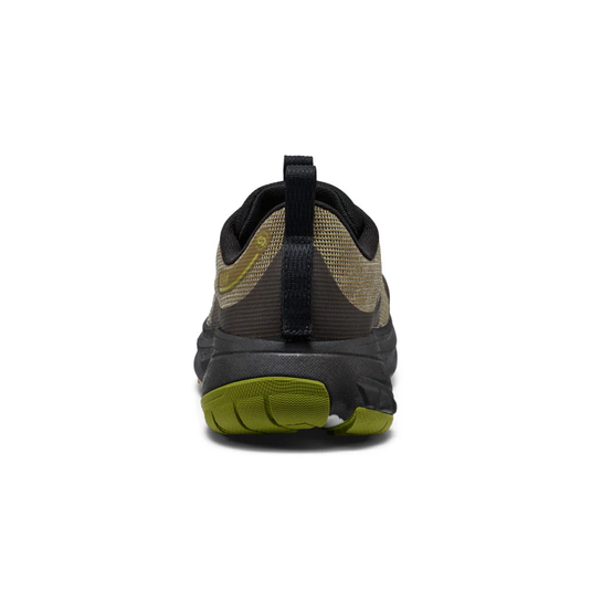 Back view of a black and green athletic shoe on a white background