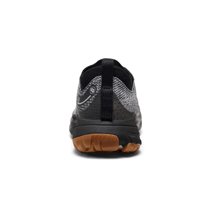 Load image into Gallery viewer, Back view of a black and gray athletic shoe with a brown sole on a white background
