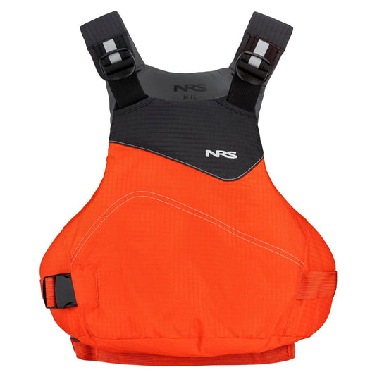 Orange and black life vest with NRS logo on a white background
