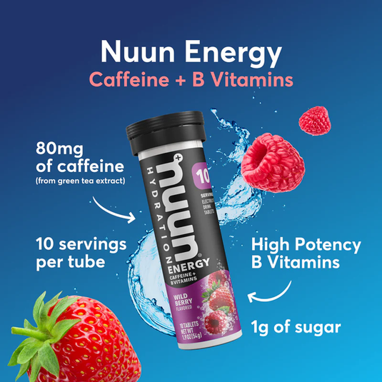 Nuun Energy drink tube with berries and text on a blue background