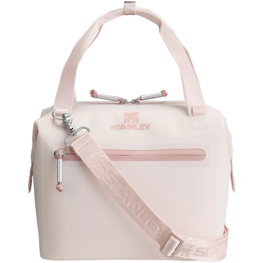 Pink backpack with 'Stanley' branding on a white background