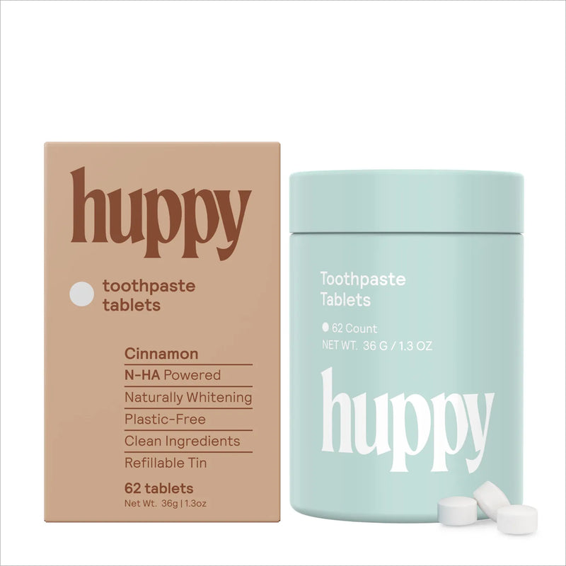 Load image into Gallery viewer, huppy toothpaste tablets packaging with a mint green container and brown box on a white background
