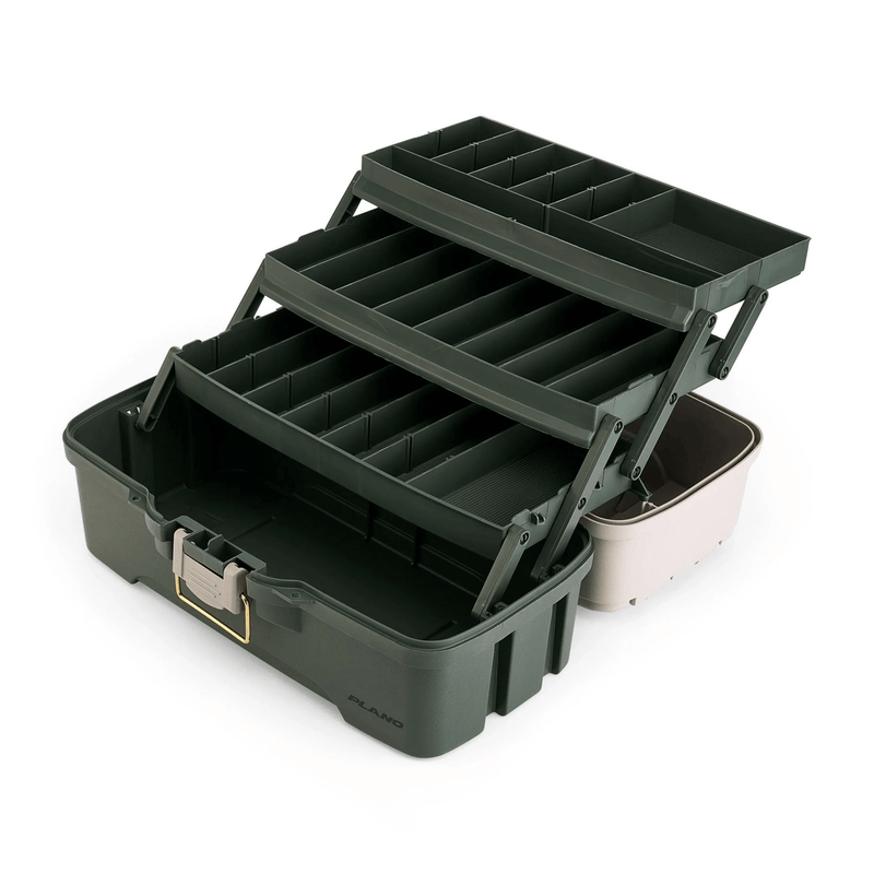 Load image into Gallery viewer, Green fishing tackle box with compartments on a white background
