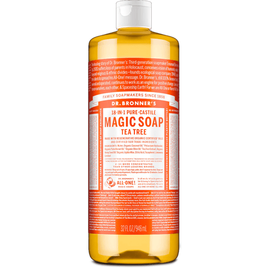 Dr. Bronner's Magic Soap Tea Tree bottle on a white background