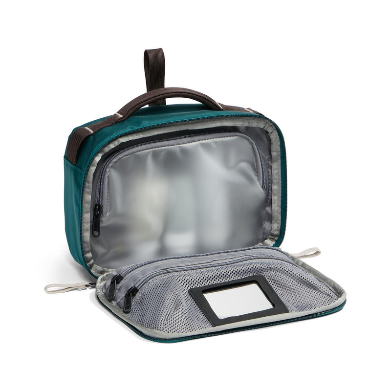 Load image into Gallery viewer, Open teal toiletry bag with interior compartments on a white background
