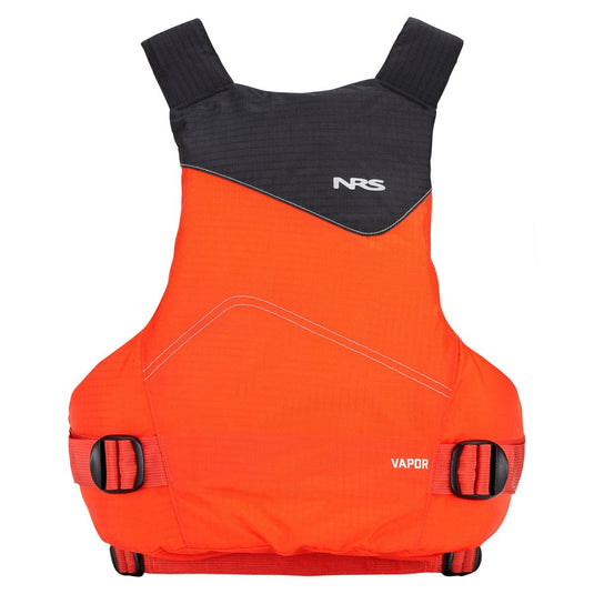 Orange life vest with black straps on a white background, featuring NRS branding.
