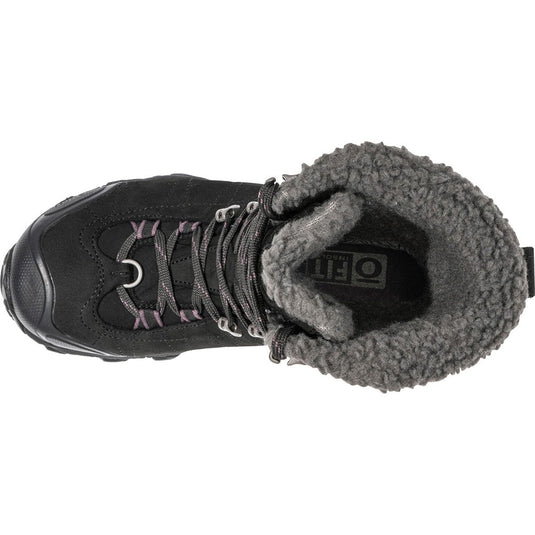 Black winter boot with gray fleece lining on a white background