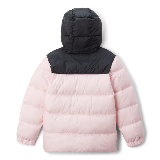 Pink and black puffer jacket on a white background