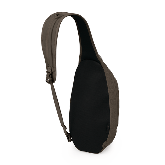 Black sling bag with brown strap on a white background