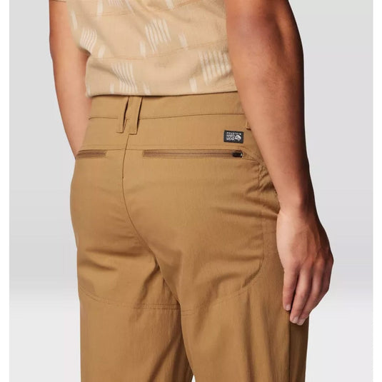 Tan pants with a brand logo on a white background