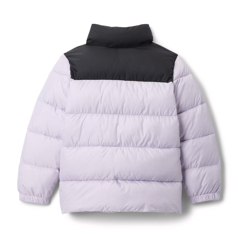 Load image into Gallery viewer, Purple puffer jacket with black hood on a white background
