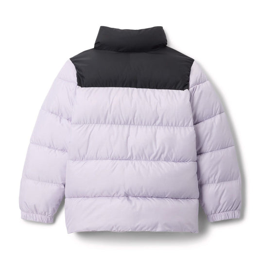 Purple puffer jacket with black hood on a white background