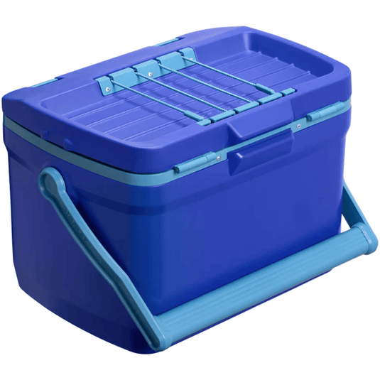Blue storage box with a handle on a white background