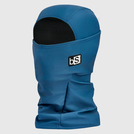Blue balaclava with a brand logo on a light gray background