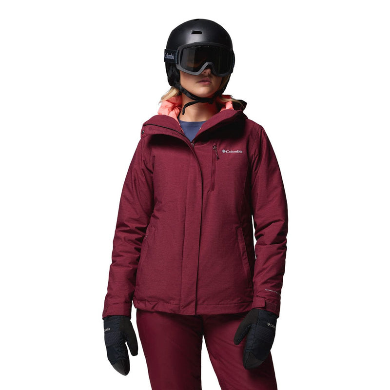 Load image into Gallery viewer, Person wearing a maroon ski jacket, pants, gloves, and helmet on a white background
